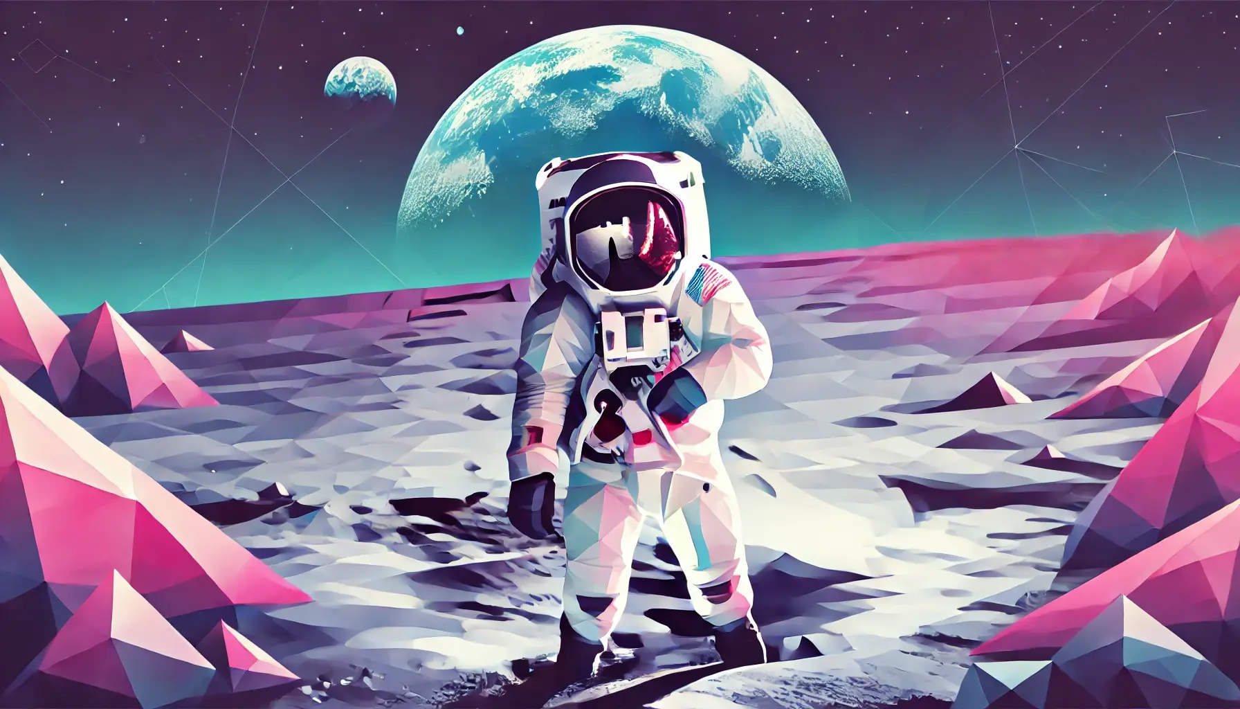 Low-poly style image of an astronaut on the moon.