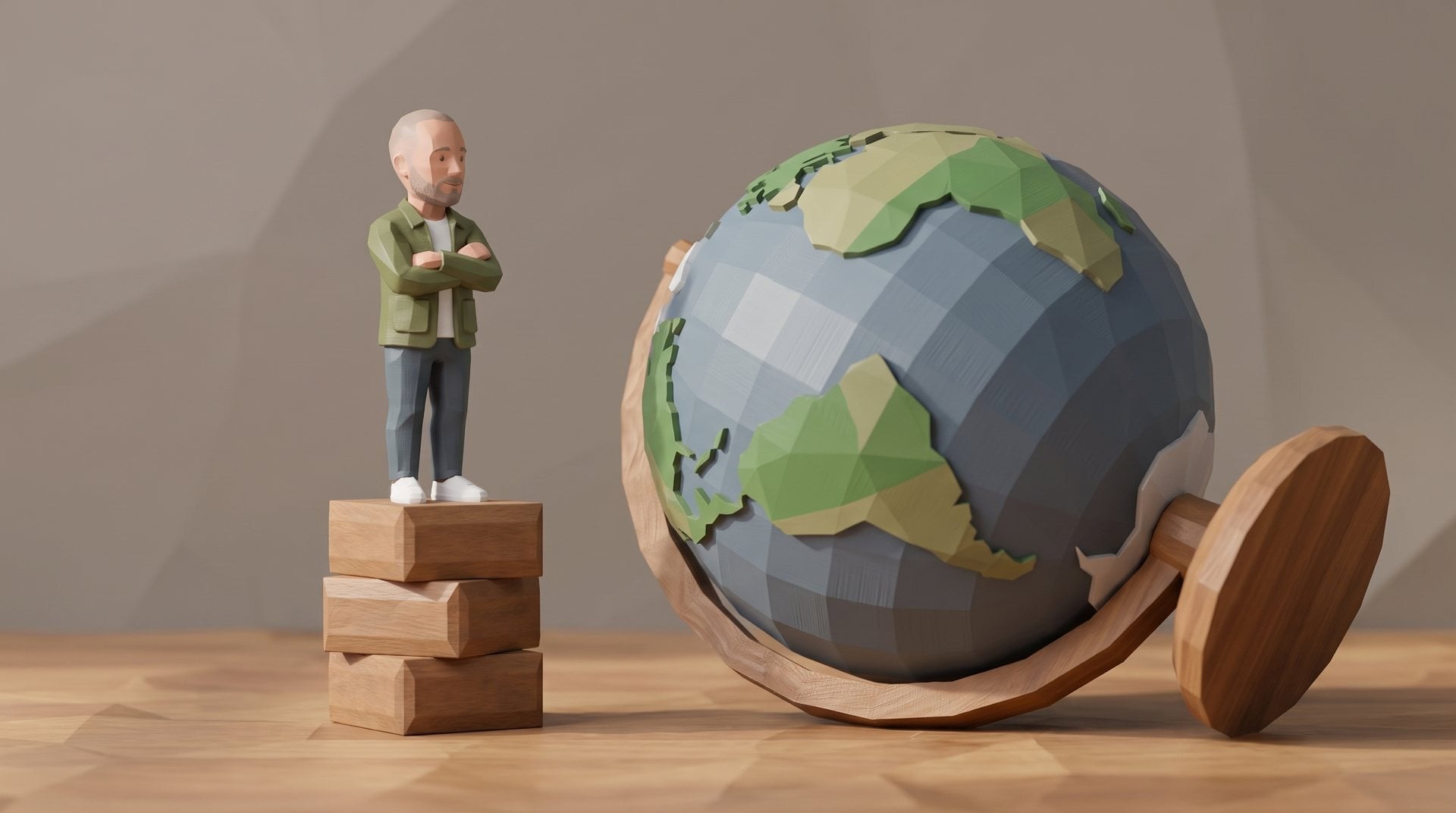 A large globe lies fallen off its stand while a polybit figure stands calmly on a stack of wooden blocks.