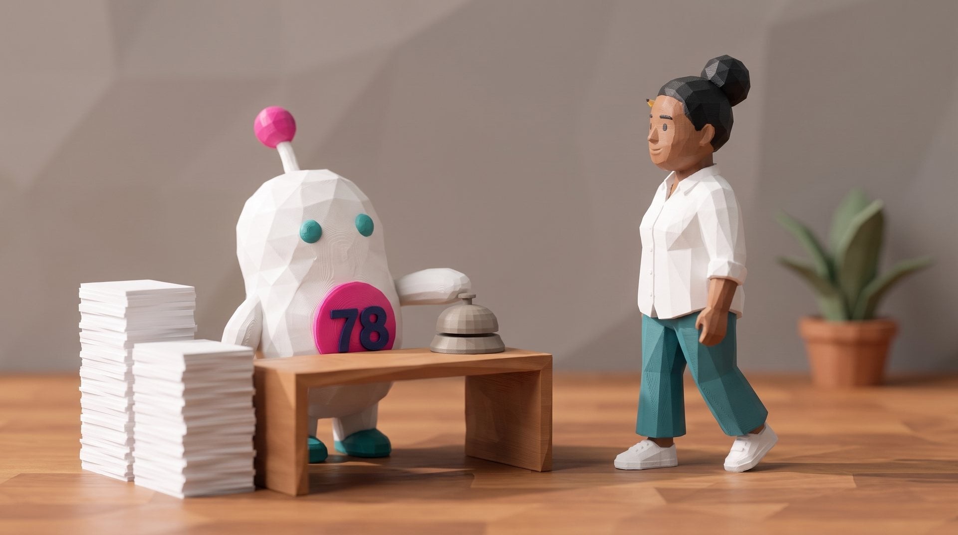 A 3D-printed polybit figure of Siggy ringing a desk bell beside sorted stacks of paper as a colleague walks over.