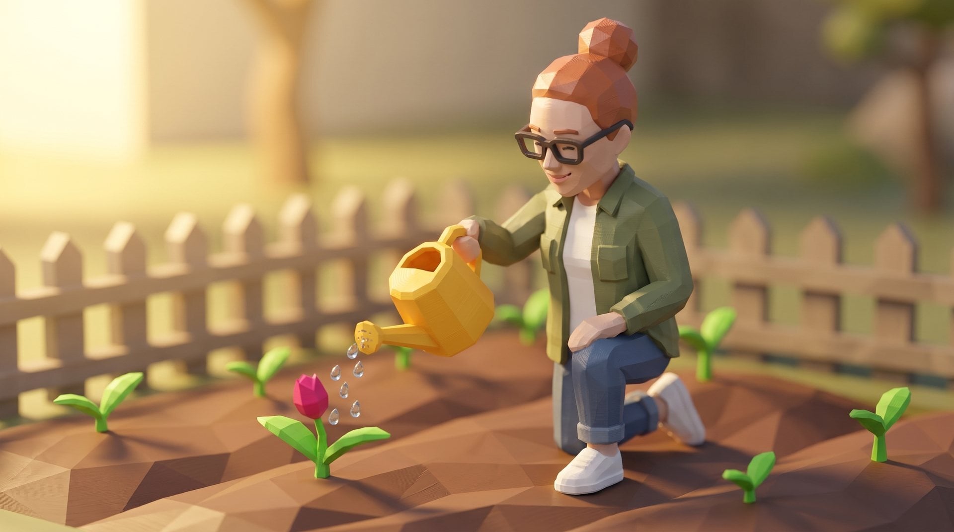 A polybit figure waters a seedling with a single pink bud.