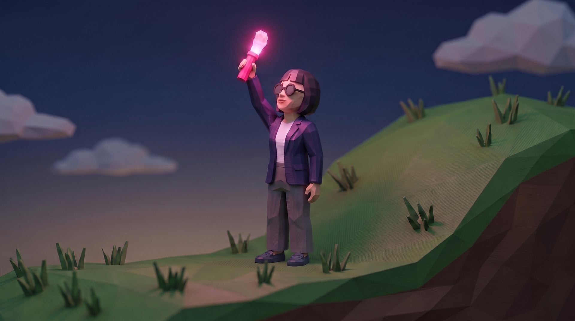 A polybit figure holds up a glowing pink signal flare where a dusk hillside bends sharply upward.