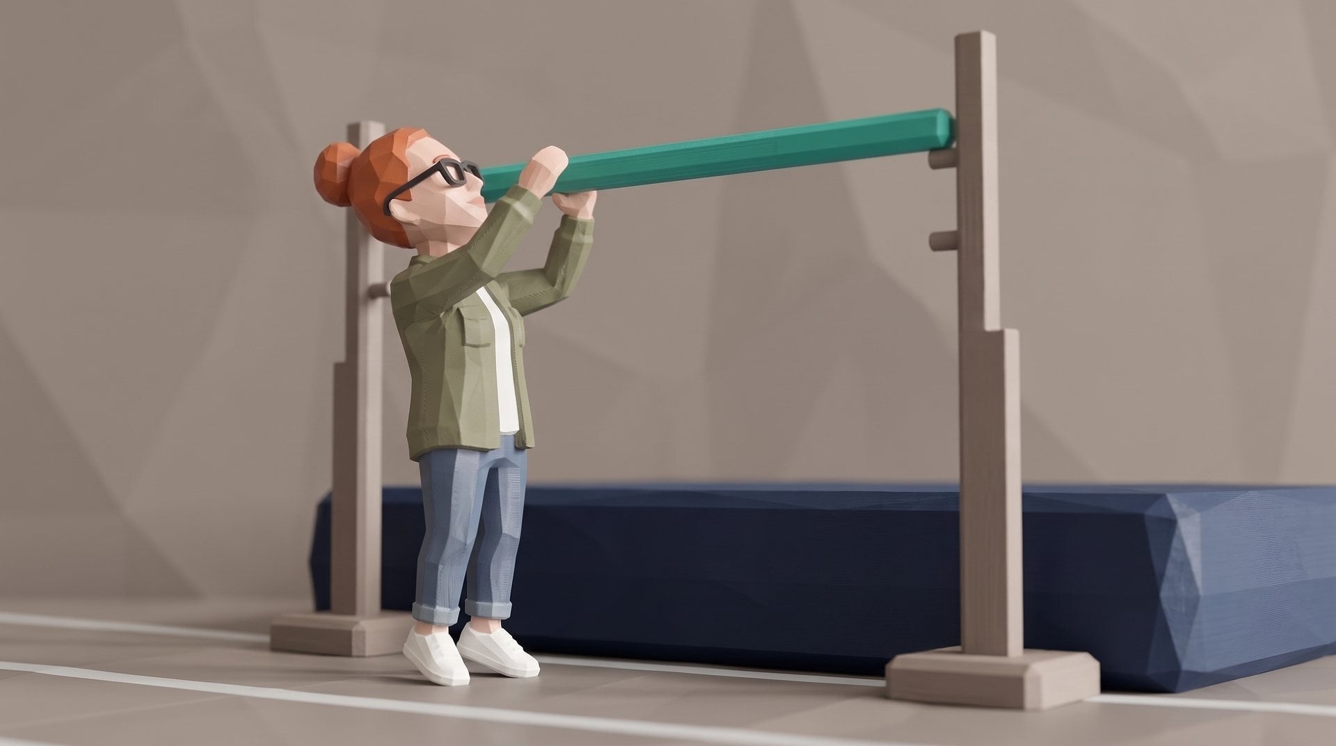 A polybit figure lifts a high-jump crossbar a notch higher.