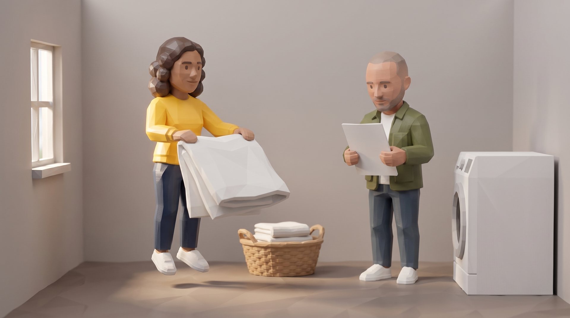 A polybit figure floats above a laundry room floor folding a sheet while a colleague reads, not noticing.