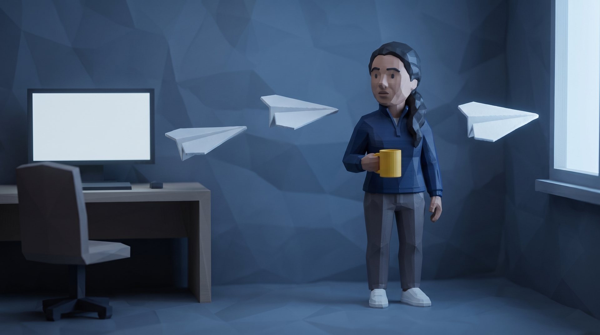 At dawn, paper airplanes fly from an empty desk toward a surprised polybit figure holding a mug.