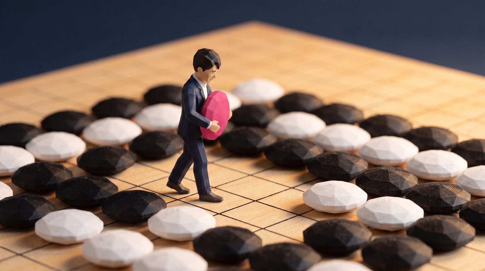 A polybit Go player carries a single pink stone across a crowded Go board.