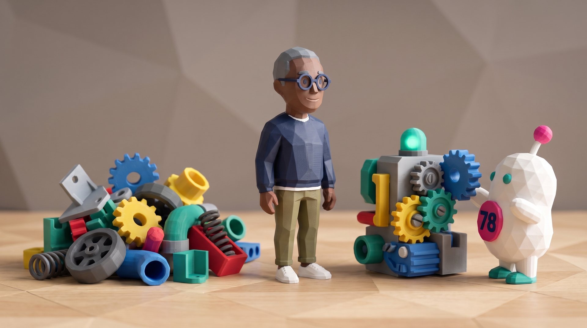 Siggy fits the last gear into a tidy machine beside a messy pile of mismatched parts as a polybit figure looks on.