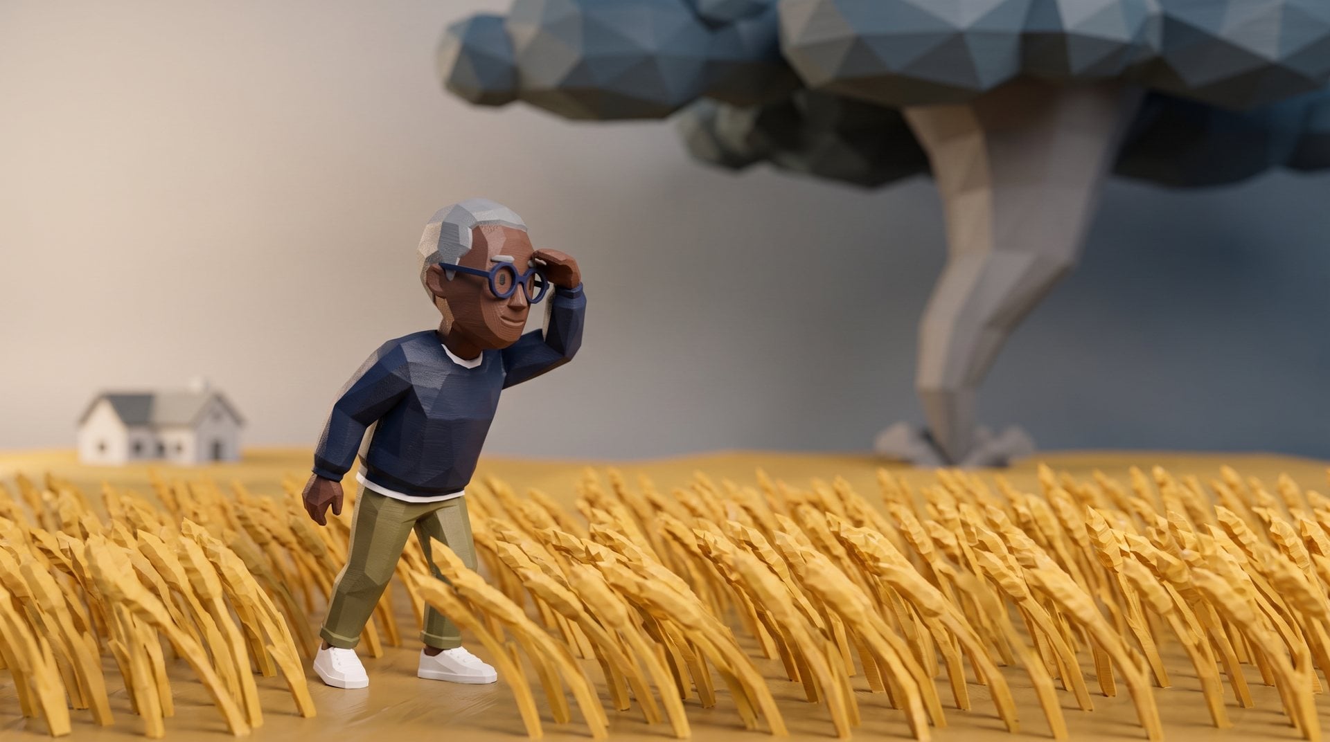 A polybit figure shields his eyes in a wheat field as a large tornado rises on the horizon.