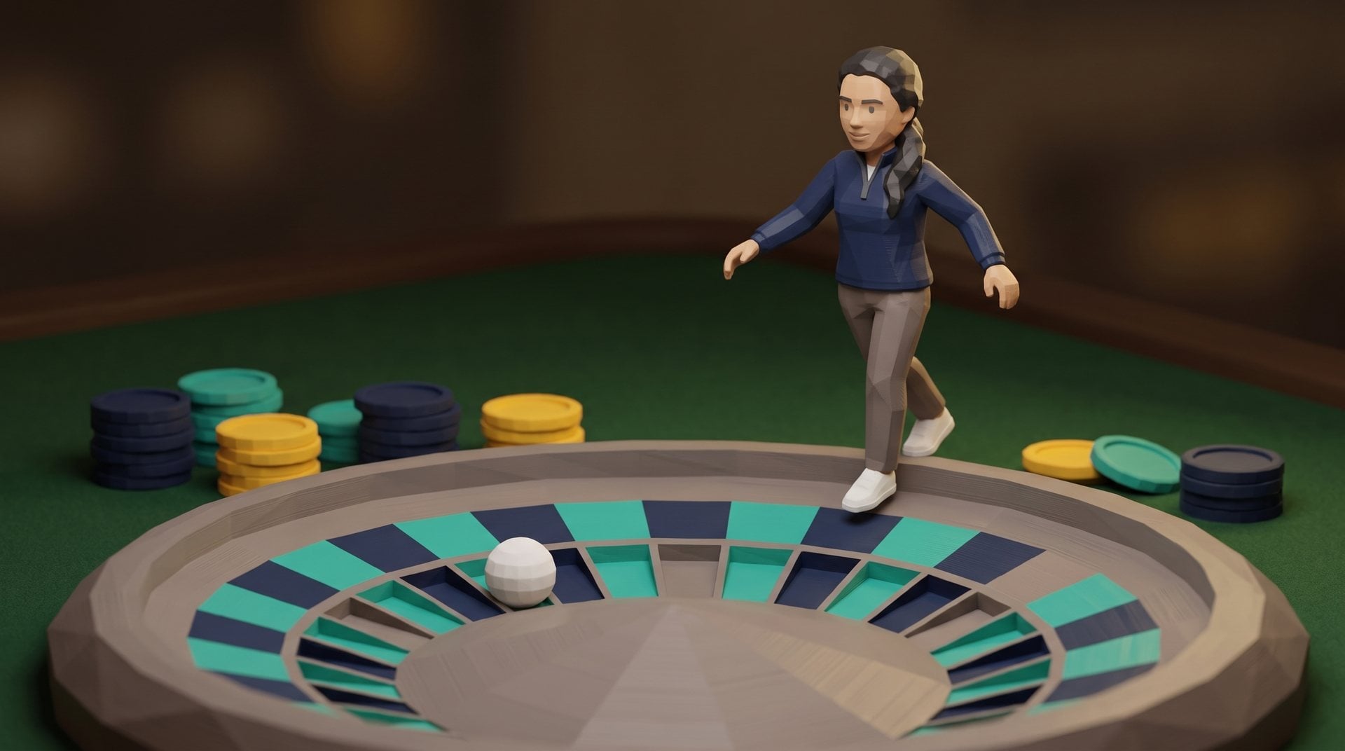 A polybit figure keeps her footing on the rim of a turning roulette wheel.