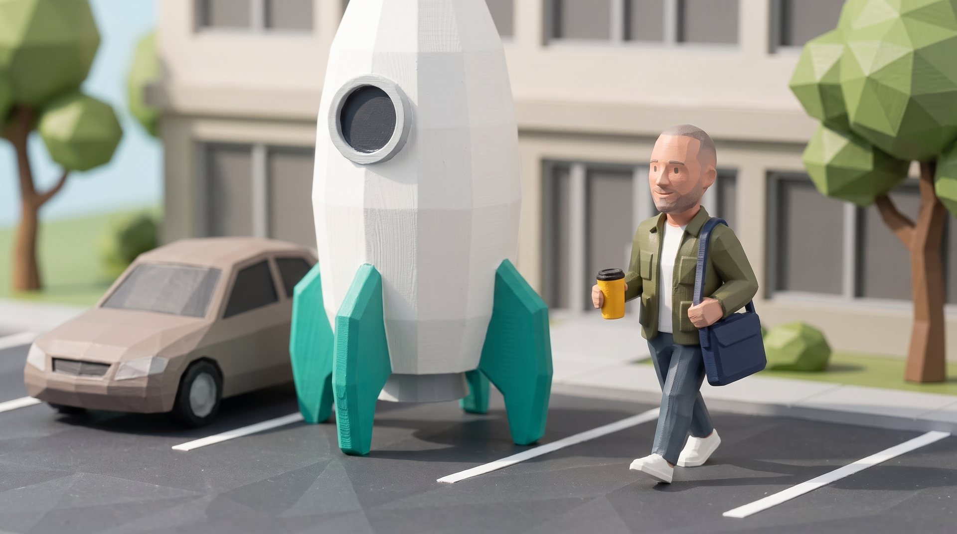 A rocket parked in an office parking space while a polybit figure walks in with his coffee.