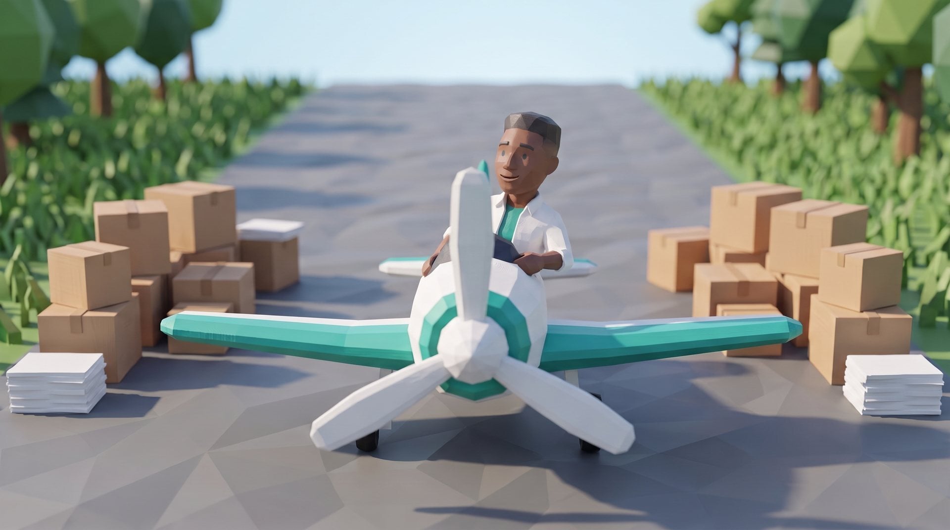 A polybit figure sits in a small plane at the start of a clear runway, boxes and files stacked along its edges.