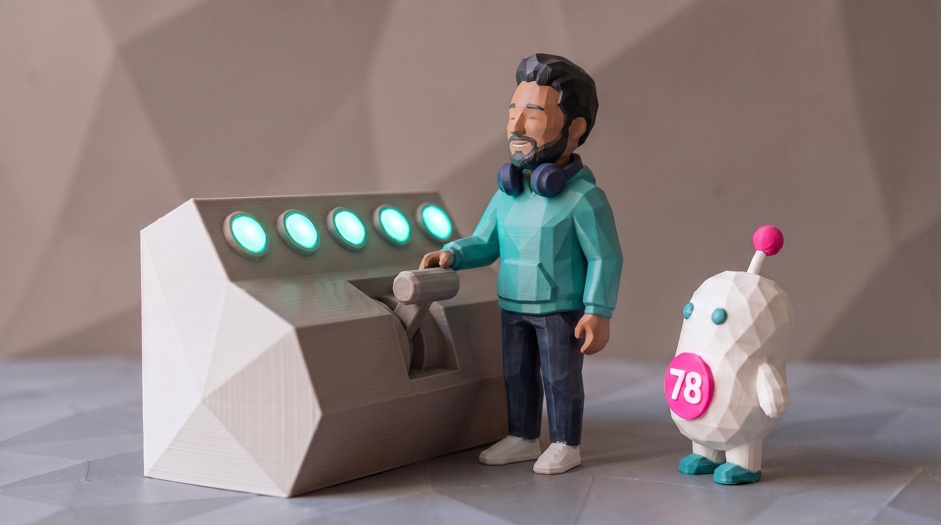 A polybit figure pulls a big lever and every lamp on a console glows teal, with Siggy beside him.