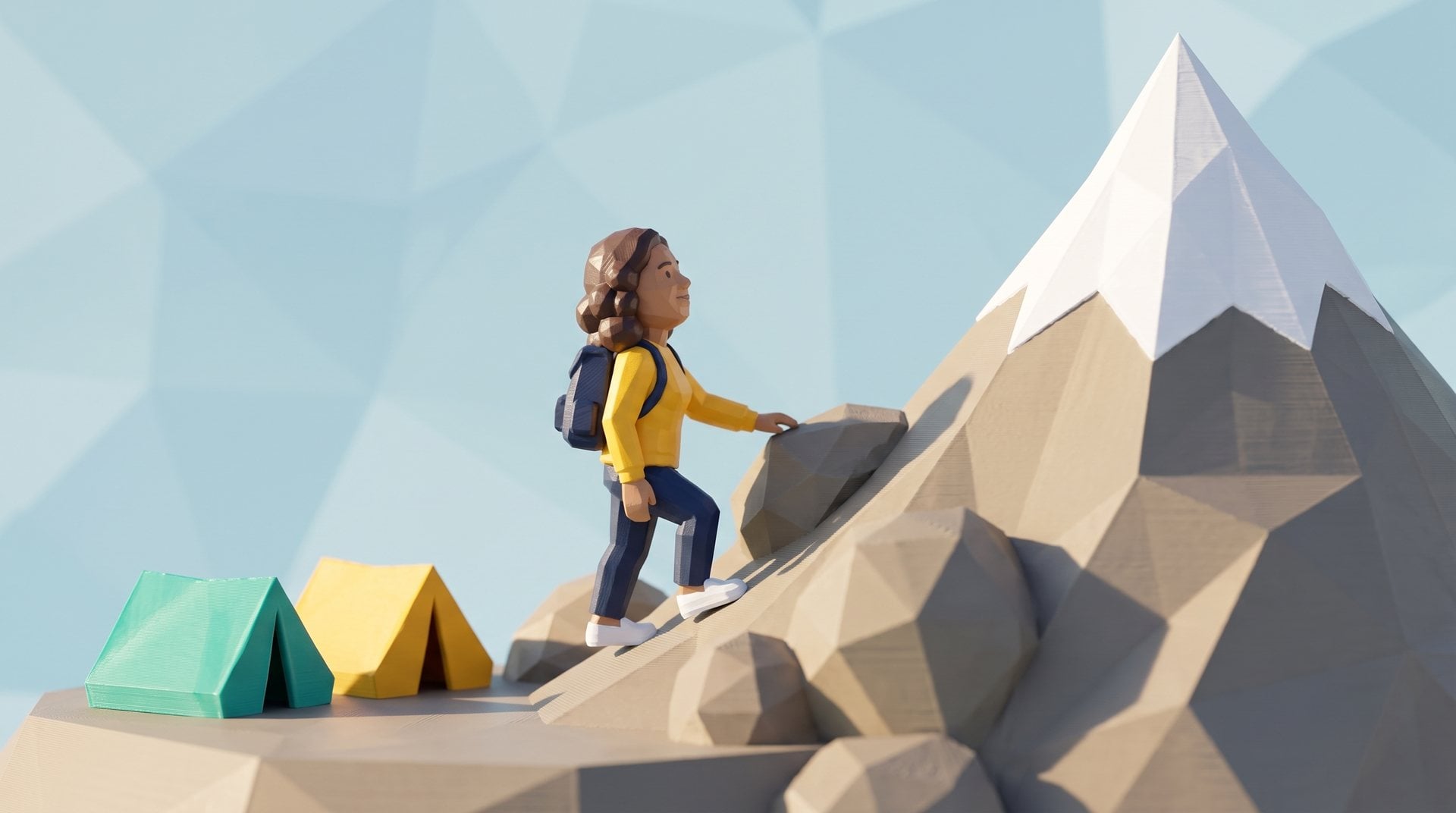 A polybit figure climbs a rocky slope above base camp toward a snowy summit.