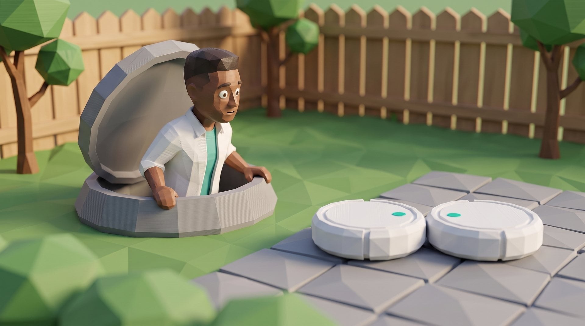 A polybit figure peeks out of a backyard bunker at two robot vacuums stuck nose to nose.