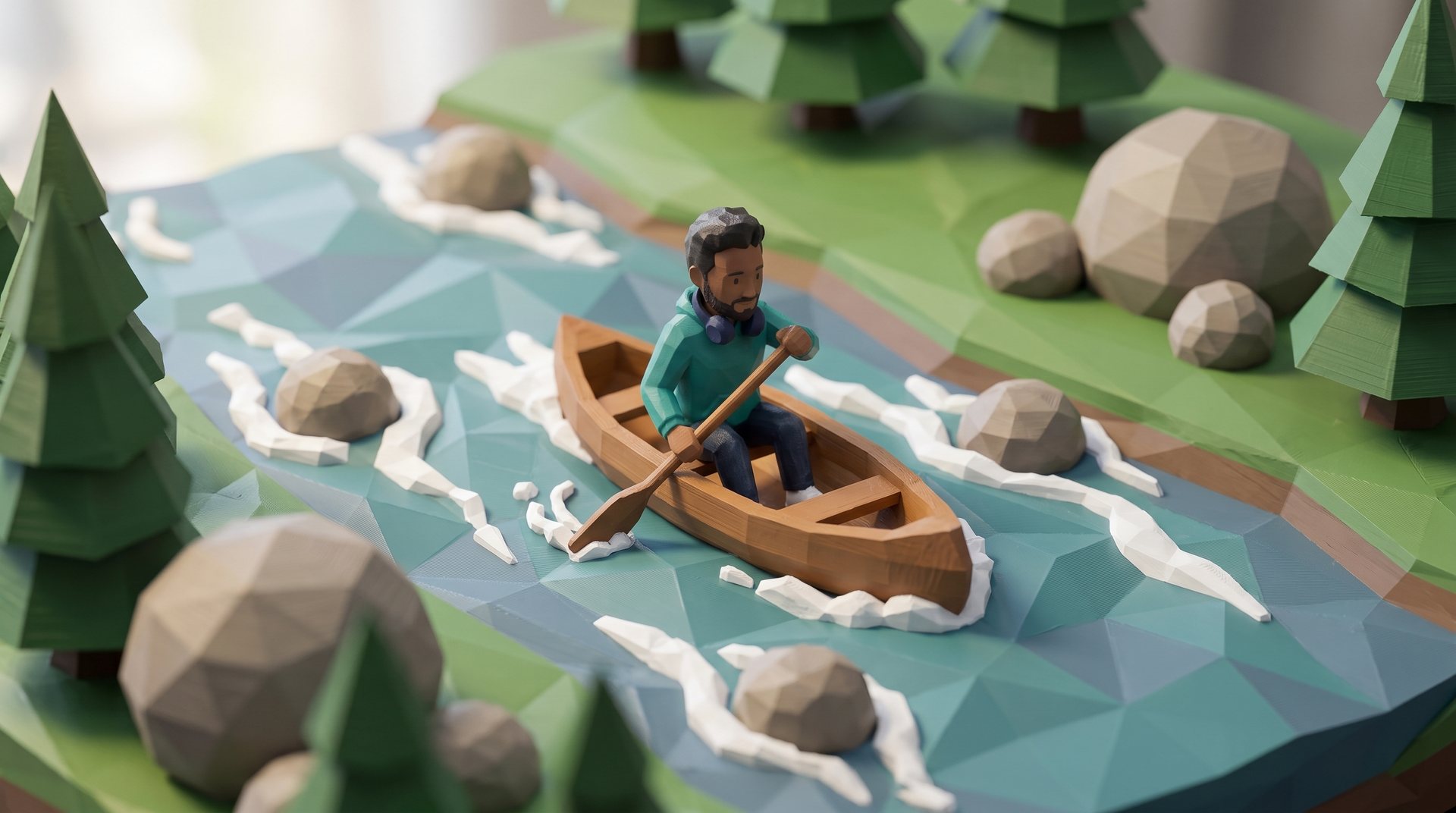 A polybit figure paddles a canoe upstream through low-poly rapids.