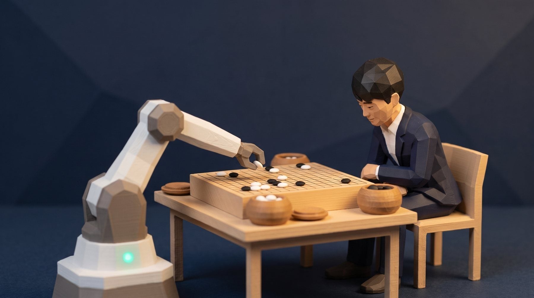 A polybit Go player in a navy suit studies the board while a white robot arm places a stone