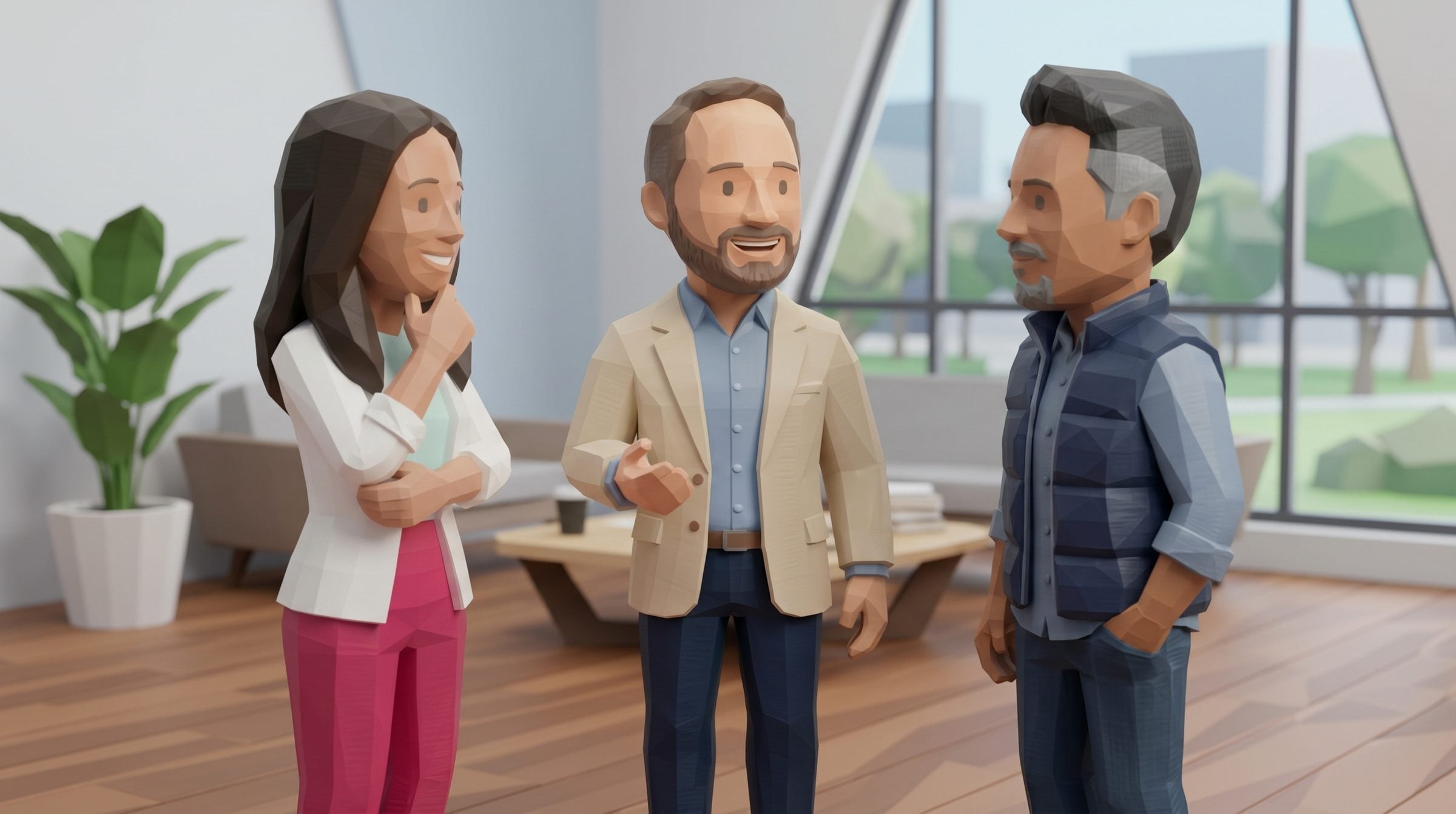 Polybit figures of the Signal78 founding team talking in a bright office