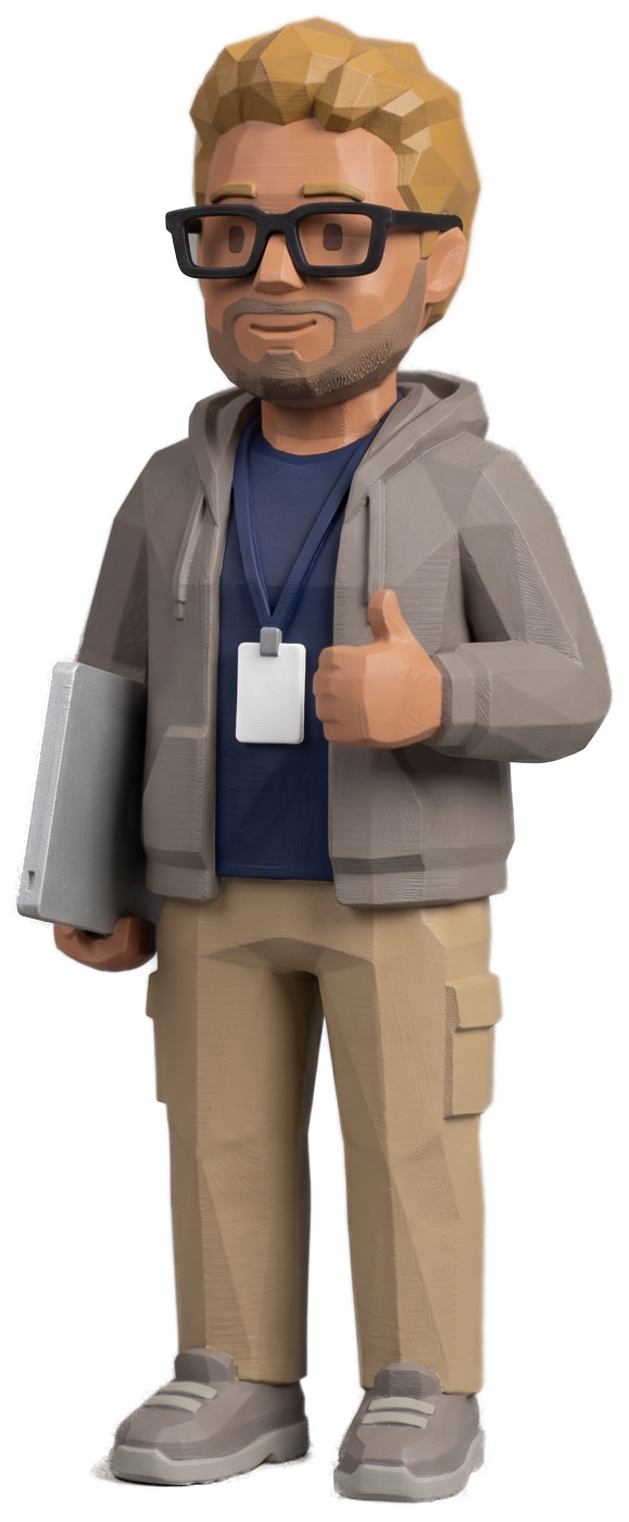 A polybit figure of an agency IT lead in a grey hoodie and glasses, a laptop under his arm, giving a thumbs-up