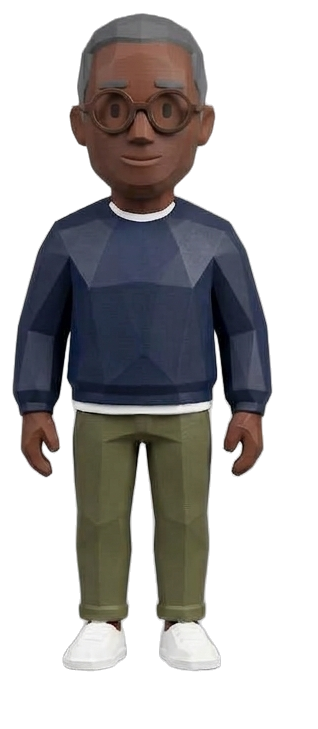 An agency figure with glasses in a navy sweater