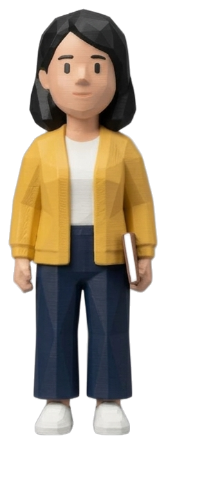 An agency figure in a yellow cardigan holding a notebook